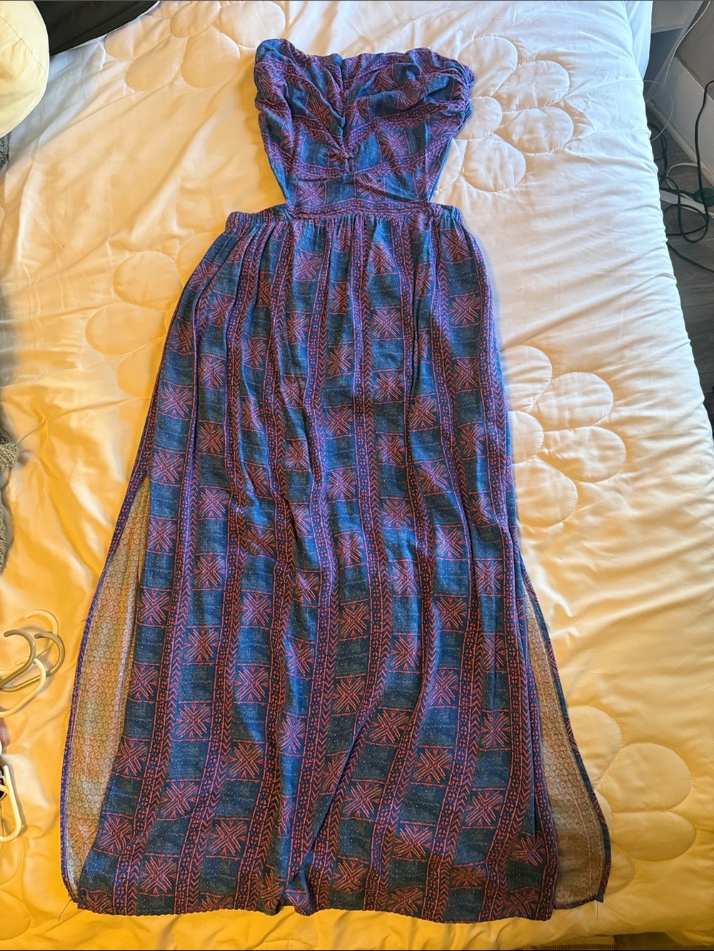 Free People Blue & Pink Strapless Patterned Maxi Dress